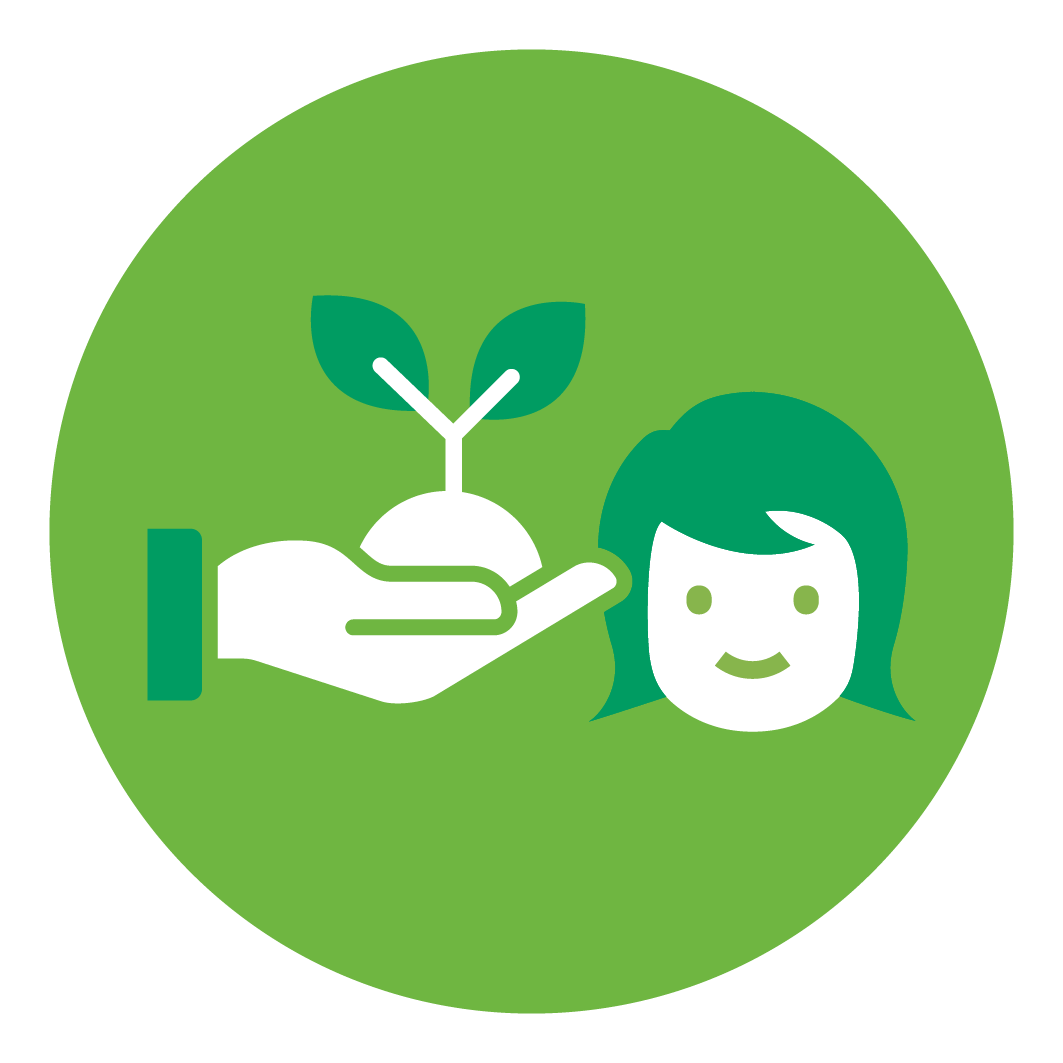 pictogramme vert avec main tendue vers une personne avec une plante