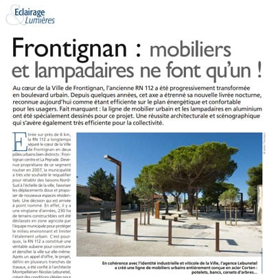 extrait de l'article Espace Public et paysage mettant en avant le projet de requalification sur la RN 112 de Frontignan, équipée de lampadaires en aluminium fabriqués en Occitanie par Technilum