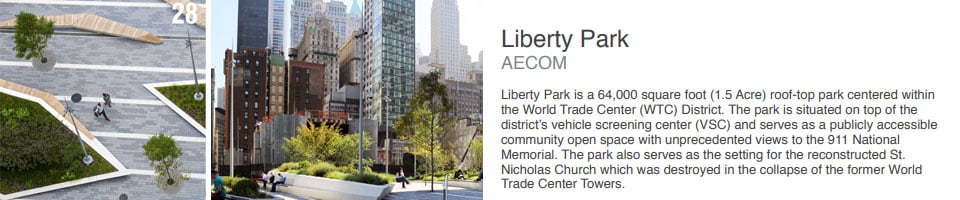 extrait du média World Landscape architecture, article sur le projet Liberty Park à New York, équipé de mât support projecteur Aiguille en aluminium