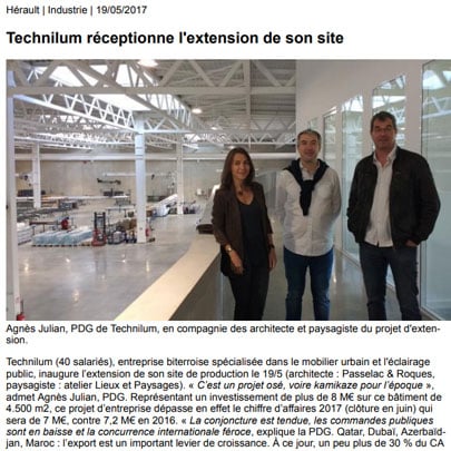 extrait d'un article rédigé par La Lettre M et mettant en avant le projet d'extension de l'usine de production Technilum à travers une interview Technilum.