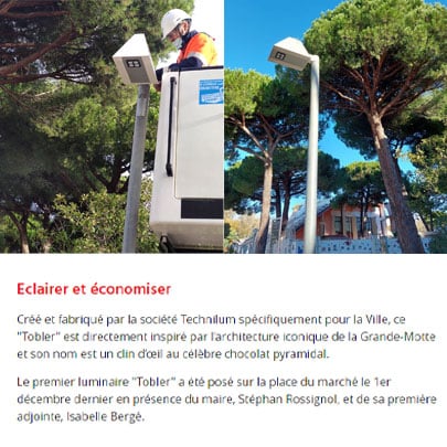 article sur le projet de remplacement des luminaires énergivores de La Grand Motte par les Toblers Technilum