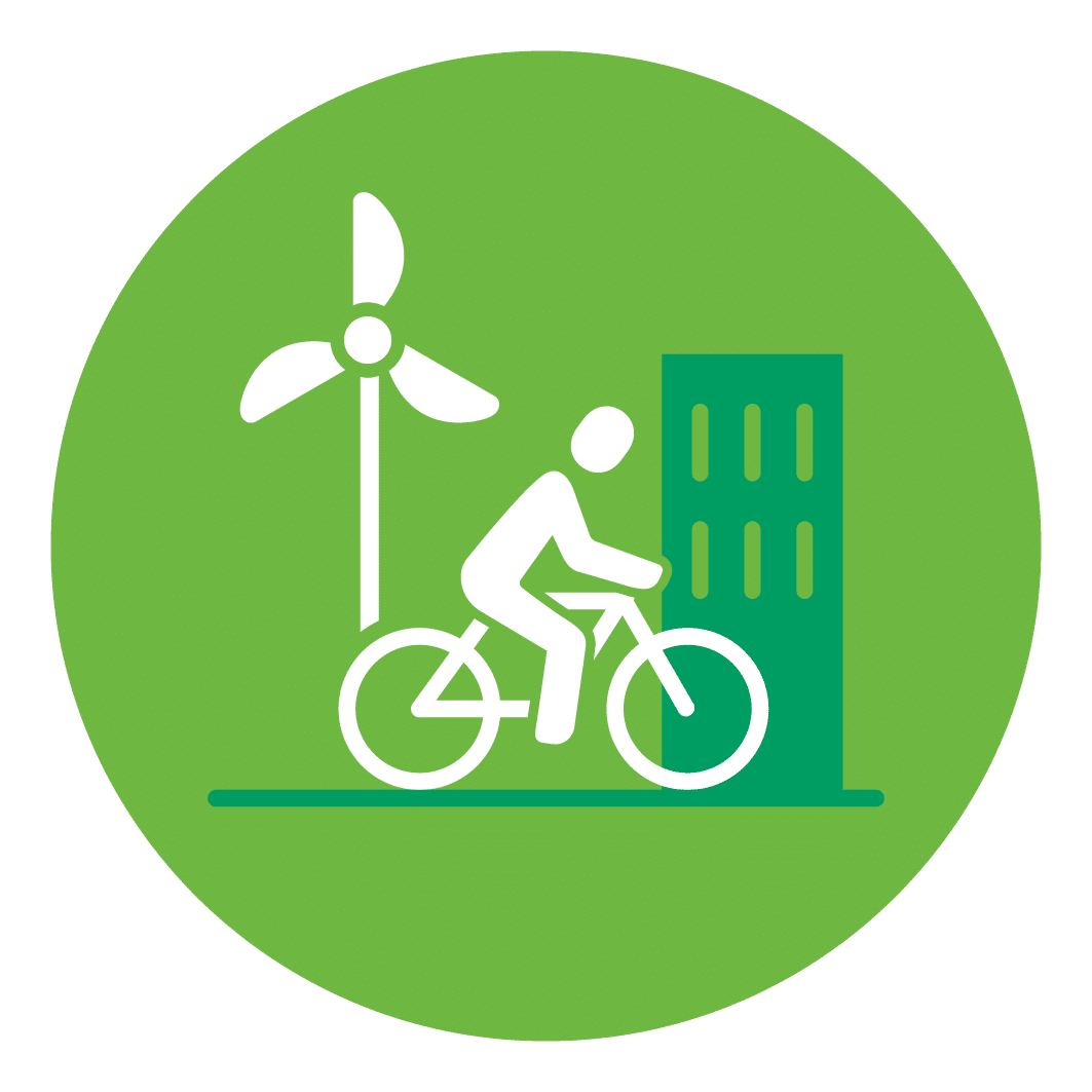 pictogramme vert avec éolienne, cycliste et bâtiment