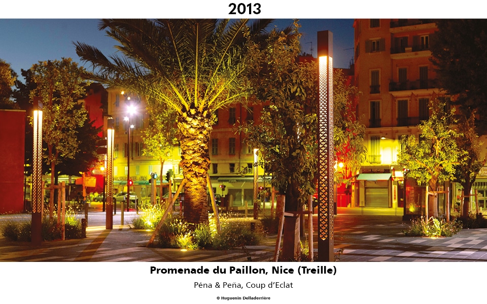 Colonne lumineuse Treille motif Palmier installée sur la promenade du Paillon à Nice