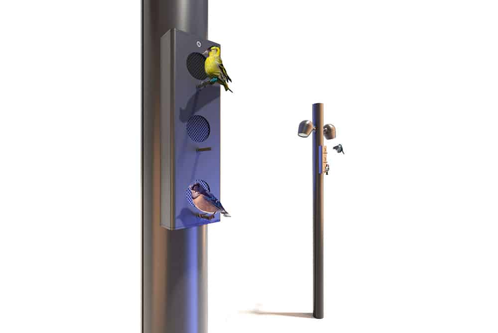 mangeoire à oiseaux fixée sur lampadaires pour mutualiser les services