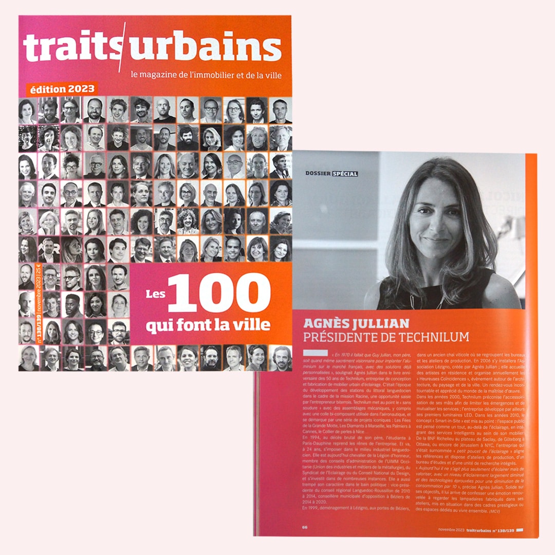 Couverture et article issus du numéro Hors-Série de novembre 2023 de la revue Traits Urbains, les 100 qui font la ville, dédié à Agnès Jullian, présidente de Technilump