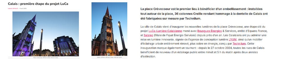 article mettant en avant le projet de la Place Crèvecœur à Calais avec nos colonnes Creille ajourées sur-mesure dentelle de Calais.
